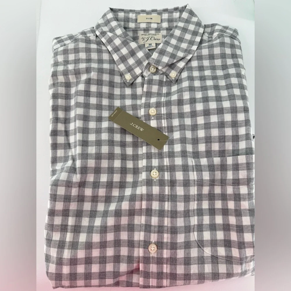 J. Crew Slim Secret Wash Cotton Poplin Gray Heather Gingham Casual Button Down